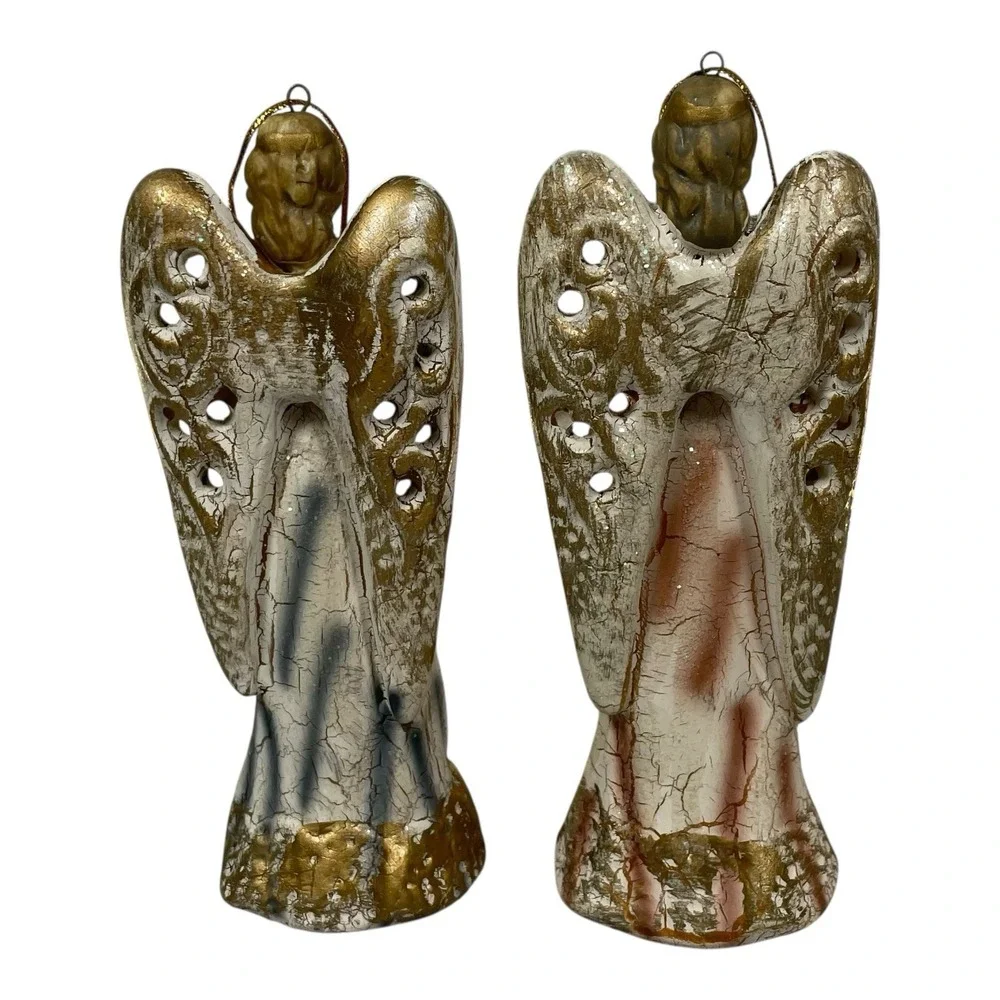 VTG Style Resin Angel Ornaments Set of 2 Crackle Glaze Gold Wings Harp Decor